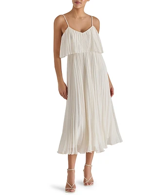 Steve Madden Sakura Pleated Woven V Neck Sleeveless Fit and Flare Midi Dress