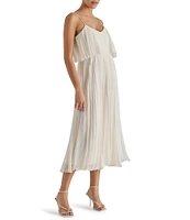 Steve Madden Sakura Pleated Woven V Neck Sleeveless Fit and Flare Midi Dress