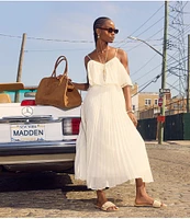 Steve Madden Sakura Pleated Woven V Neck Sleeveless Fit and Flare Midi Dress