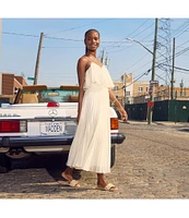 Steve Madden Sakura Pleated Woven V Neck Sleeveless Fit and Flare Midi Dress