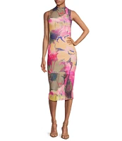 Steve Madden Sidra Graffiti Floral Mesh Mock Neck Bodycon Midi Dress