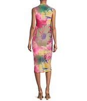 Steve Madden Sidra Graffiti Floral Mesh Mock Neck Bodycon Midi Dress