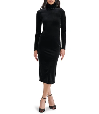 Steve Madden Skyler Velvet Turtleneck Long Sleeve Back Belt Buckle Detail Bodycon Midi Dress