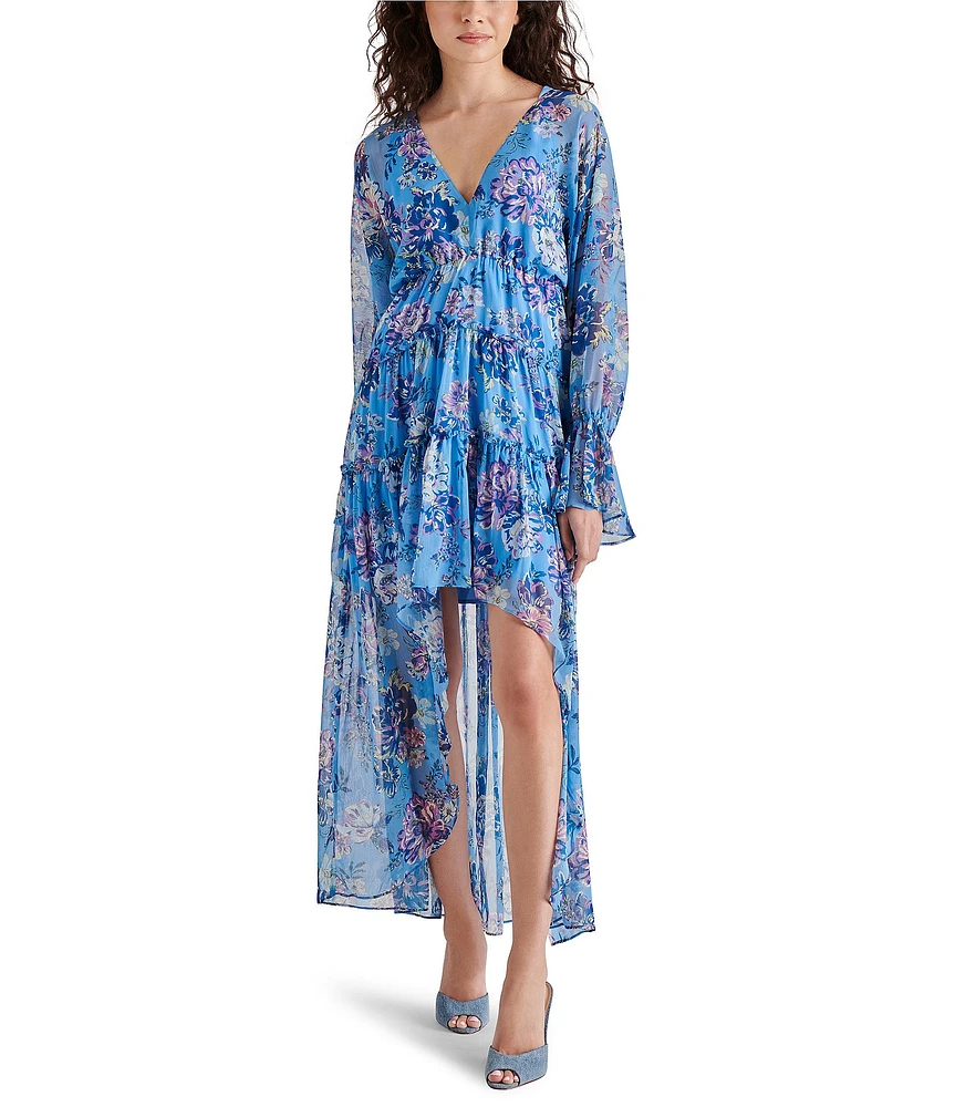 Steve Madden Sol Floral Print V Neck Long Sleeve Maxi Dress