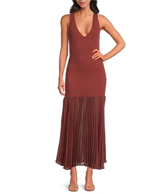 Steve Madden Sorella V-Neck Sleeveless Mixed Media Pleated Hem Maxi Dress