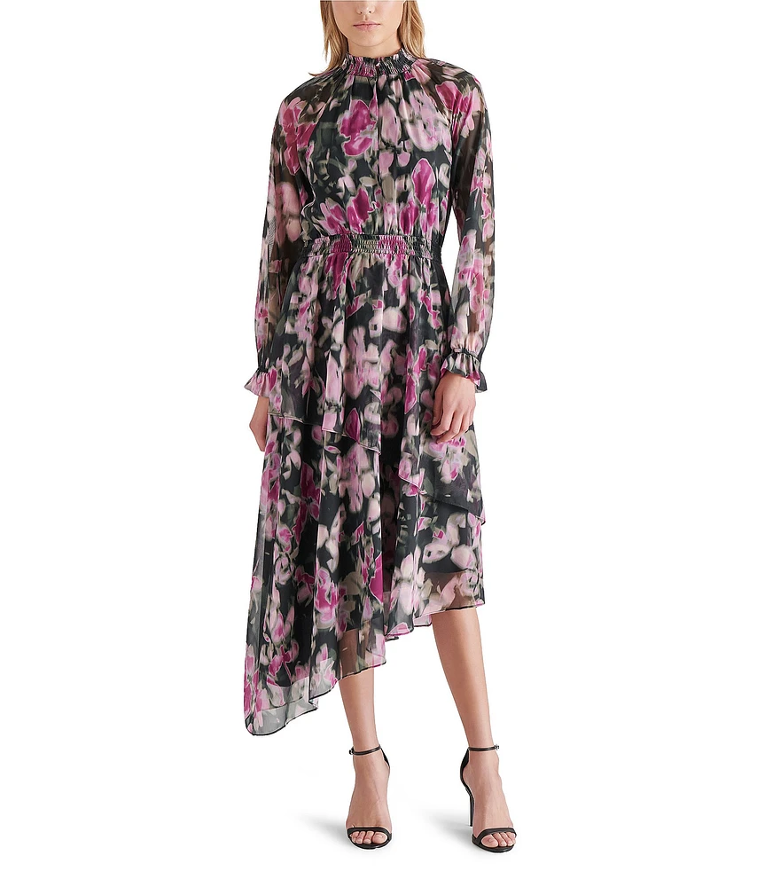 Steve Madden Starla Chiffon Floral Print Mock Neck Long Sleeve Midi Dress