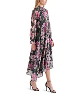 Steve Madden Starla Chiffon Floral Print Mock Neck Long Sleeve Midi Dress