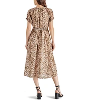 Steve Madden Tahlia Leopard Print V-Neck Smocked Waist Short Sleeve Midi A-Line Dress