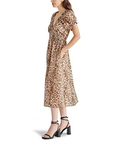 Steve Madden Tahlia Leopard Print V-Neck Smocked Waist Short Sleeve Midi A-Line Dress