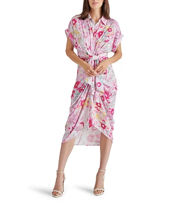 Steve Madden Tori Floral Print Button Down Collar Neck Short Sleeve Satin Midi Dress