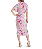 Steve Madden Tori Floral Print Button Down Collar Neck Short Sleeve Satin Midi Dress