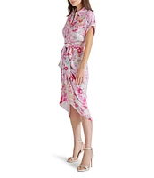 Steve Madden Tori Floral Print Button Down Collar Neck Short Sleeve Satin Midi Dress