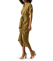 Steve Madden Tori Point Collar Neck Short Sleeve Button Front Midi Dress