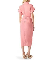 Steve Madden Tori Point Collar Neck Short Sleeve Button Front Midi Dress