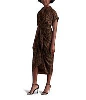 Steve Madden Tori Satin Leopard Print Point Collar Short Kimono Cuff Sleeve Ruched Front Asymmetrical Hem Midi Shirt Dress