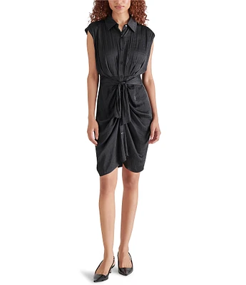 Steve Madden Toria Satin Point Collar Neck Short Sleeve Button Front Tie Mini Dress