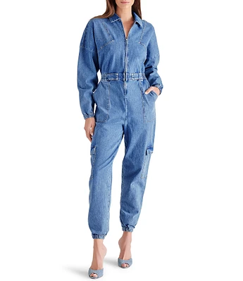 Steve Madden Trista Point Collar Long Sleeve Denim Jumpsuit