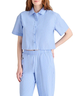 Steve Madden Tula Stripe Print Poplin Button Down Collar Neck Short Sleeve Box Top