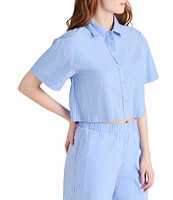 Steve Madden Tula Stripe Print Poplin Button Down Collar Neck Short Sleeve Box Top