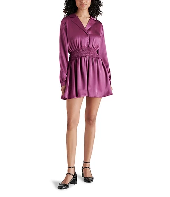 Steve Madden Valerie Satin Point Collar Long Sleeve Smocked Waist Mini Dress