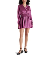 Steve Madden Valerie Satin Point Collar Long Sleeve Smocked Waist Mini Dress