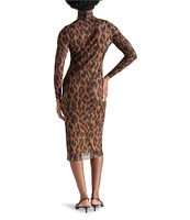 Steve Madden Vivienne Leopard Print Mesh Turtleneck Long Sleeve Bodycon Midi Dress