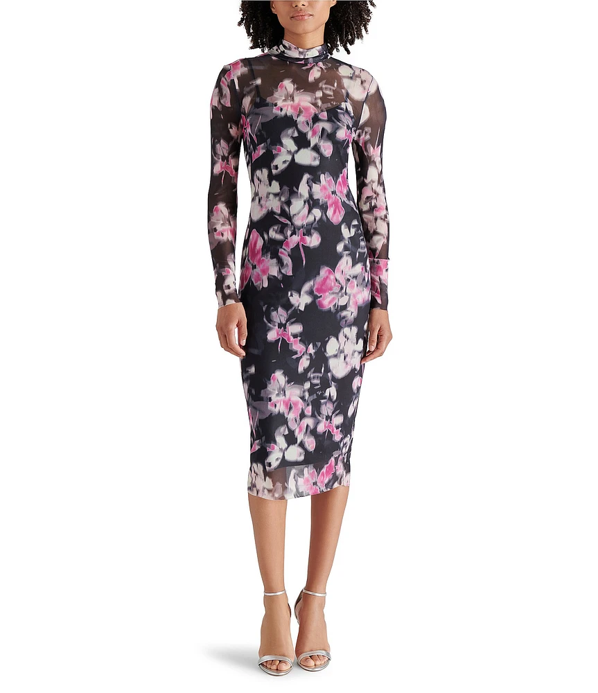 Steve Madden Vivienne Mesh Floral Print Mock Neck Long Sleeve Midi Dress