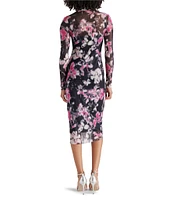 Steve Madden Vivienne Mesh Floral Print Mock Neck Long Sleeve Midi Dress