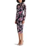 Steve Madden Vivienne Mesh Floral Print Mock Neck Long Sleeve Midi Dress