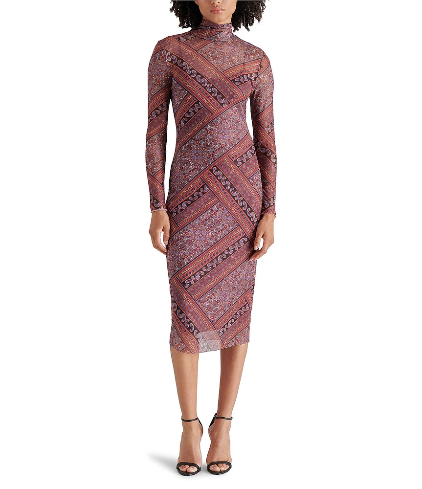 Steve Madden Vivienne Mesh Paisley Print Turtleneck Long Sleeve Bodycon Midi Dress