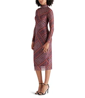 Steve Madden Vivienne Mesh Paisley Print Turtleneck Long Sleeve Bodycon Midi Dress