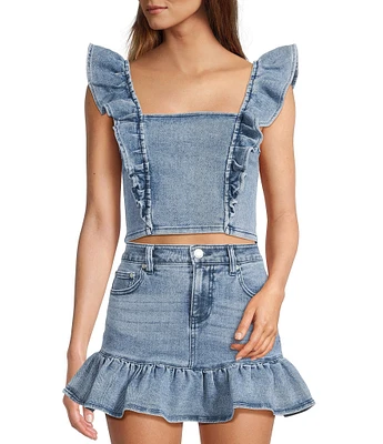 Stevie by Steve Madden Denim Ruffle Sleeve Cropped Top
