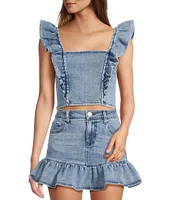 Stevie by Steve Madden Denim Ruffle Sleeve Cropped Top