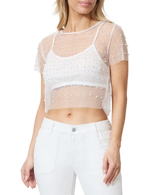 Stevie by Steve Madden Faux Pearl Stone Embellished Sheer Mesh Short Sleeve Crop Top