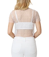 Stevie by Steve Madden Faux Pearl Stone Embellished Sheer Mesh Short Sleeve Crop Top