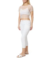 Stevie by Steve Madden Faux Pearl Stone Embellished Sheer Mesh Short Sleeve Crop Top