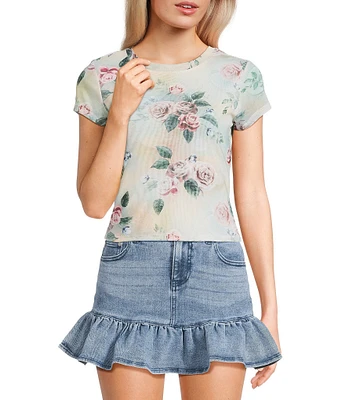 Stevie by Steve Madden Floral Printed Mesh Crew Neck Short Sleeve T-Shirt