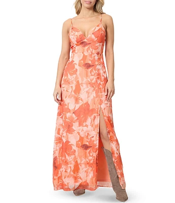 Stevie by Steve Madden Floral Printed V-Neck Lace Up Back Side Slit Maxi Dress