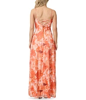 Stevie by Steve Madden Floral Printed V-Neck Lace Up Back Side Slit Maxi Dress