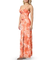 Stevie by Steve Madden Floral Printed V-Neck Lace Up Back Side Slit Maxi Dress