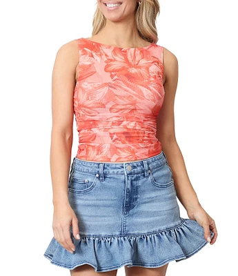 Stevie by Steve Madden Mesh Floral Print Boat Neck Ruched Tank Top