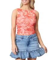 Stevie by Steve Madden Mesh Floral Print Boat Neck Ruched Tank Top