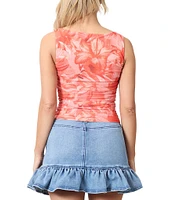 Stevie by Steve Madden Mesh Floral Print Boat Neck Ruched Tank Top