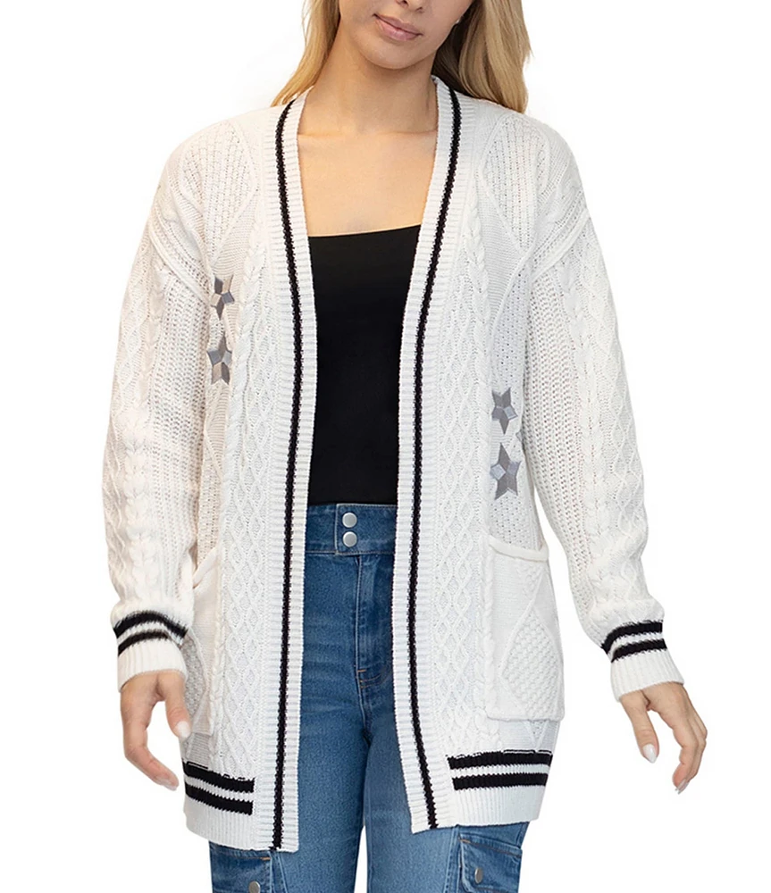 Stevie By Steve Madden Open Front Star Embroidery Cable Cardigan