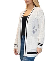 Stevie By Steve Madden Open Front Star Embroidery Cable Cardigan