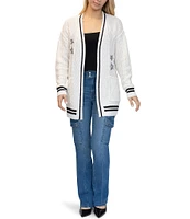 Stevie By Steve Madden Open Front Star Embroidery Cable Cardigan