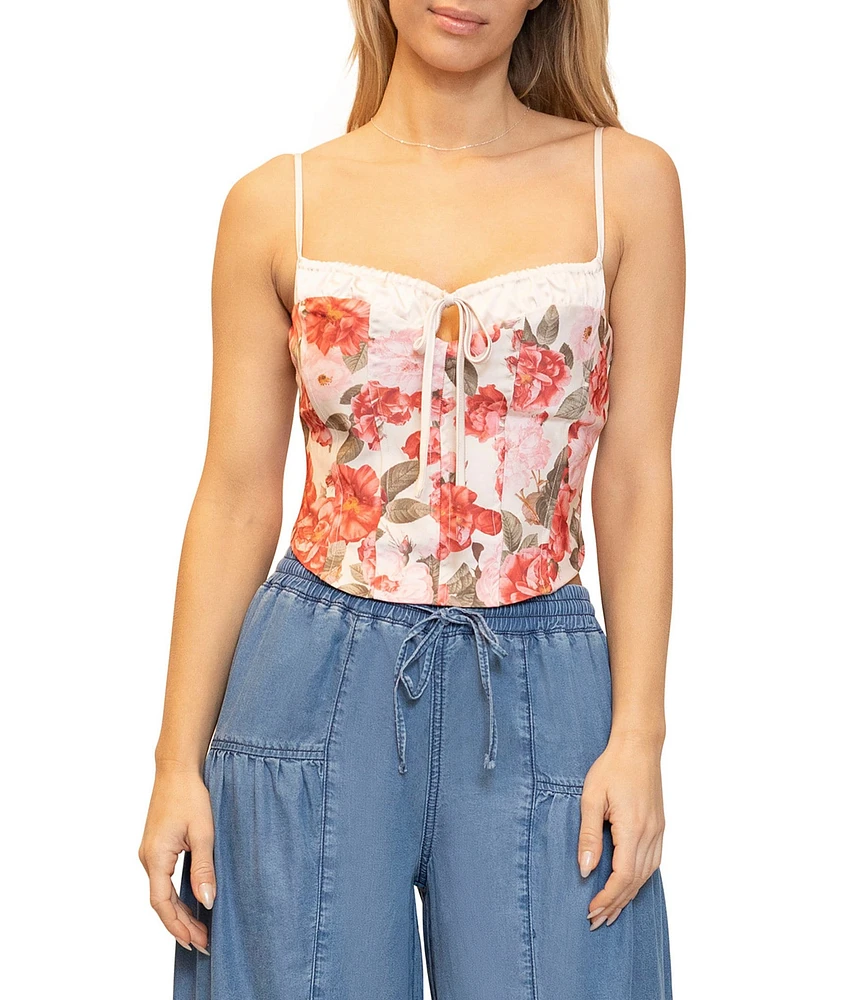 Stevie By Steve Madden Satin Floral Print Bustier Spaghetti Strap Top
