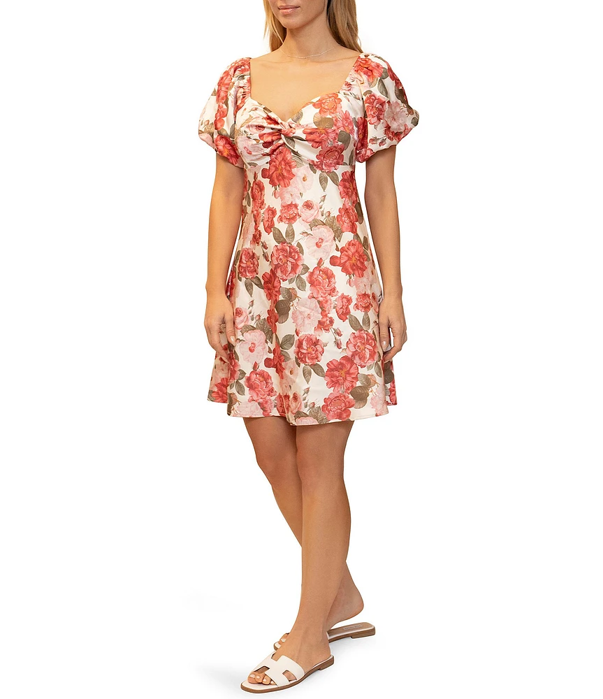 Stevie By Steve Madden Satin Floral Print Twist Front Puff Sleeve Open Tie Back Dress