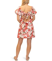 Stevie By Steve Madden Satin Floral Print Twist Front Puff Sleeve Open Tie Back Dress