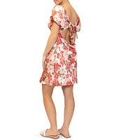Stevie By Steve Madden Satin Floral Print Twist Front Puff Sleeve Open Tie Back Dress